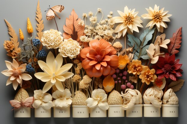scrivania calendario adornata con fiori pressati AI generativa
