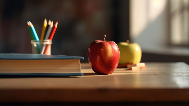 Scrivania con materiale da scrittura un libro e una mela in una stanza organizzata