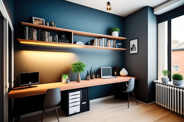 Scrivania creativa per l'ufficio domestico con forniture per ufficio e spazio sulla parete