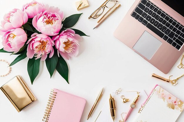 Scrivania d'ufficio a casa piatta Spazio di lavoro femminile con portatile pioggia pioggia bouquet accessori dorati diario rosa su sfondo bianco