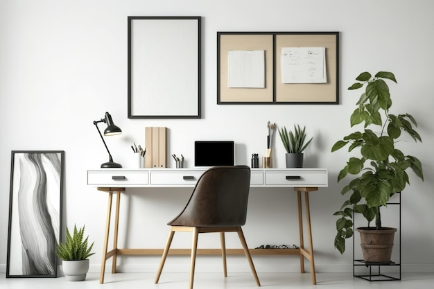 Scrivania da lavoro e scrivania in legno massello in stile multiframe contro un muro bianco