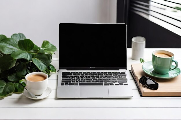 Scrivania da ufficio minimalista con laptop, caffè e verde, spazio di lavoro estetico per le aziende