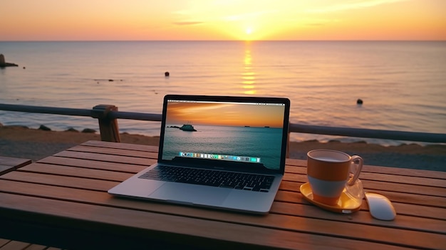 scrivania da viaggio e laptop su un molo in spiaggia al tramonto