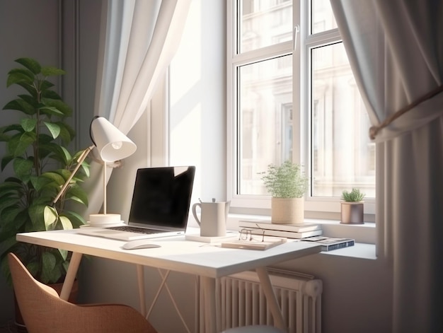 Scrivania di lavoro con tazza da caffè portatile e pianta d'appartamento davanti alla finestra con la luce del sole mattutino IA generativa Concept di ufficio accogliente in stile scandinavo
