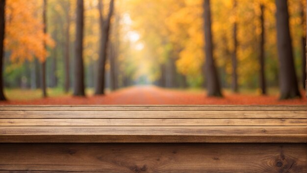 scrivania di legno vuota con sfondo sfocato della foresta d'autunno