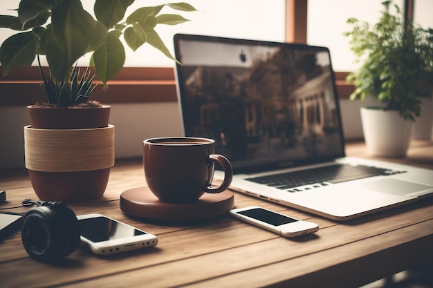 Scrivania in legno con computer portatile fumante caffè mouse smartphone e vaso per piante Toni vintage pieni di rumore