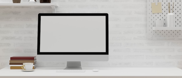 Scrivania moderna con mockup di computer e spazio di copia per il montaggio nel rendering 3d del muro di mattoni bianchi