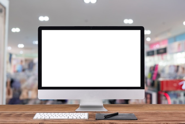 Scrivania per pc digitale con monitor per laptop Mockup Desktop per computer con schermo vuoto con tastiera