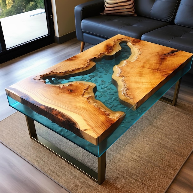 scrivania river table realizzata in resina epossidica posizionata in una stanza contemporanea
