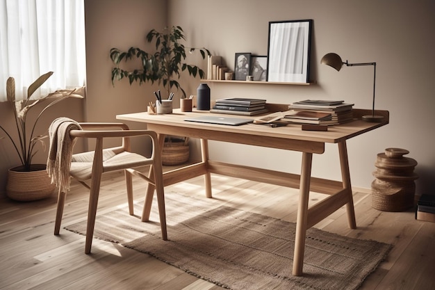 Scrivania scandinava per ufficio domestico Una scrivania in legno con una sedia bianca e una lampada a parete