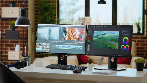 Scrivania vuota con un software di editing video in esecuzione sul computer
