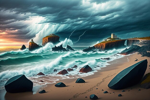 Scrivi di una costa rocciosa durante una tempesta.