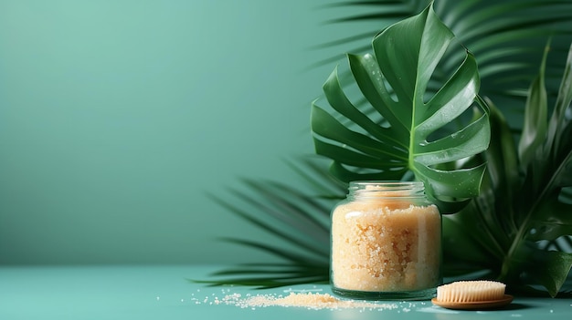 Scrub da bagno con steli tropicali su uno sfondo verde pastello messo in un barattolo di vetro AI generativa