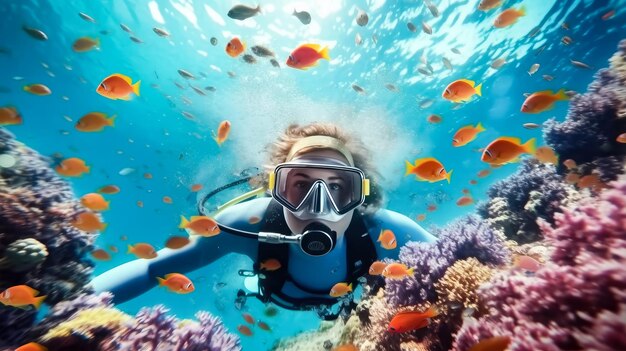 Scuba Diver donna che nuota nel mare sott'acqua Tecnologia generativa Ai