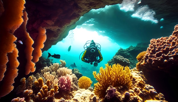 Scuba subacqueo di mare profondo che nuota in una caverna dell'oceano profondo Esplorazione subacquea Nell'abisso