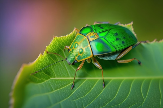Scudo bug Pinthaeus sanguinipes su una foglia di verde