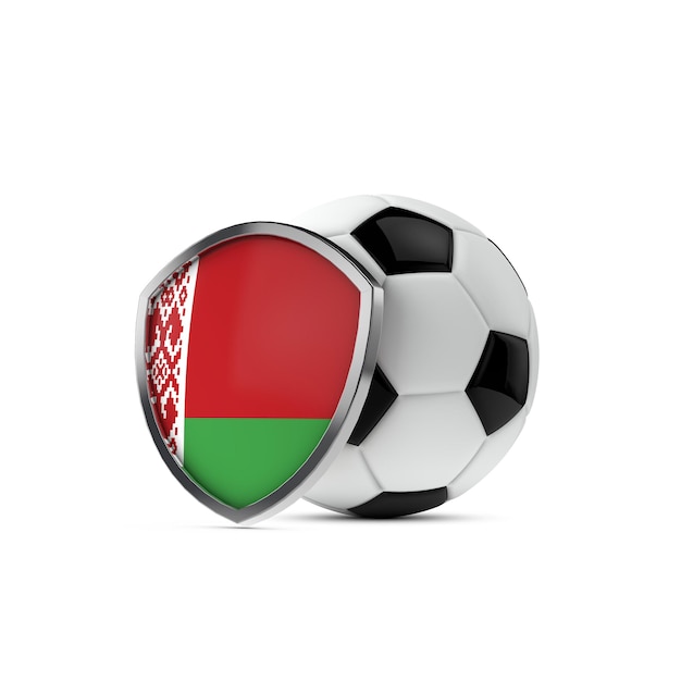 Scudo della bandiera nazionale della Bielorussia con un rendering 3D di un pallone da calcio
