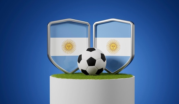Scudo di calcio bandiera argentina con pallone da calcio su un rendering 3D del podio in erba