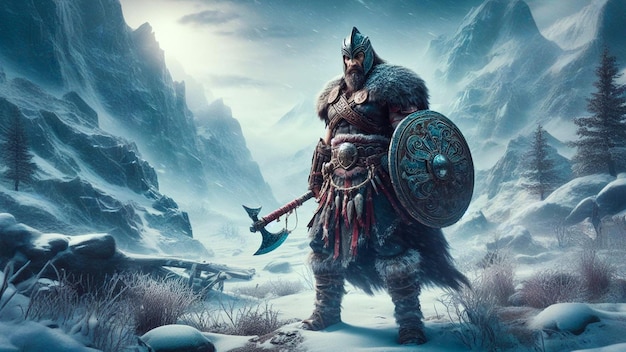 Scudo e ascia dei guerrieri vichinghi norreni sul passo di Snowy Mountain