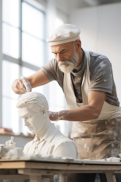 Scultore anziano con scultura di busto a forma di berretto in studio