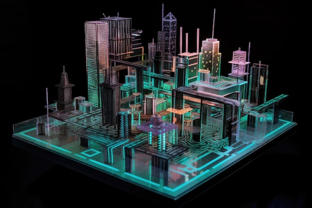 Scultura cinetica e interattiva di una città futuristica con edifici olografici e patti geometrici