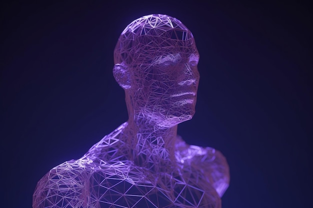 Scultura classica con rendering 3D Avatar Metaverse con rete di linee viola luminose a basso numero di poligoni