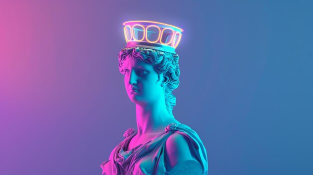 Scultura classica illuminata al neon con una corona