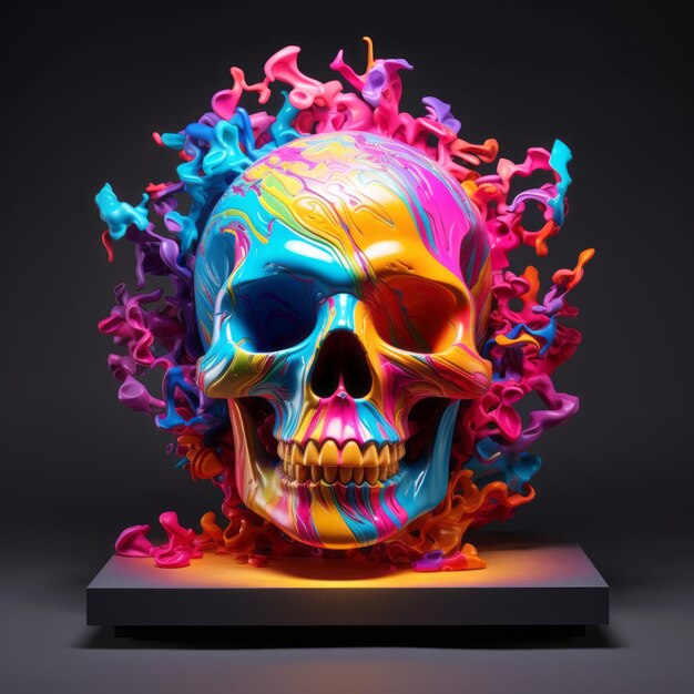 Scultura colorata di teschio con vortici e fiamme in stile 8k 3d