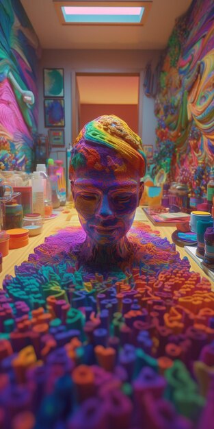 scultura colorata di un uomo con una testa colorata in una stanza generativa ai