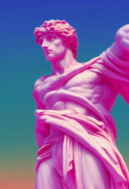 Scultura del dio greco nella progettazione pop della città di retrowave colori in stile vaporwave rendering 3d