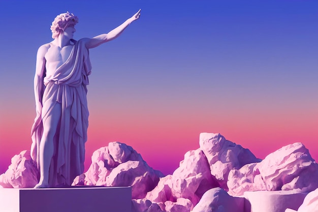 Scultura del dio greco nella progettazione pop della città di retrowave colori in stile vaporwave rendering 3d