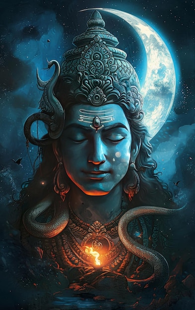 scultura del Signore Shiva con la faccia della luna sullo sfondo