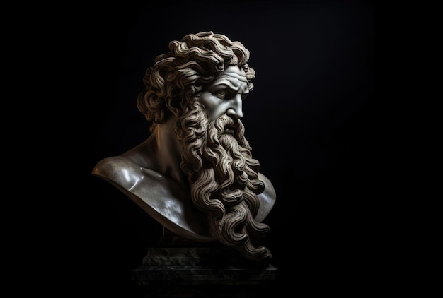 Scultura della testa di un dio greco statua di un uomo con la barba lunga su sfondo scuro