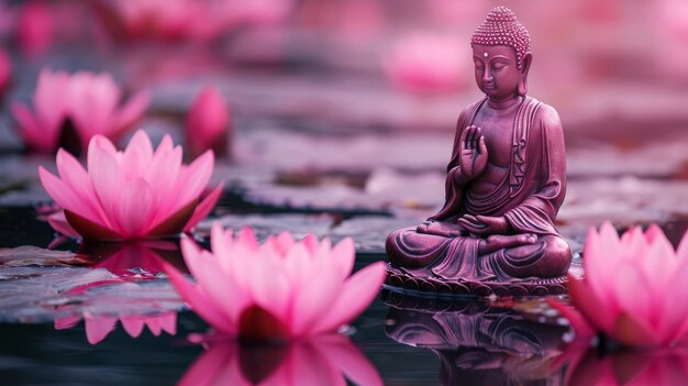 scultura di Buddha seduto sul lago di loto rosa