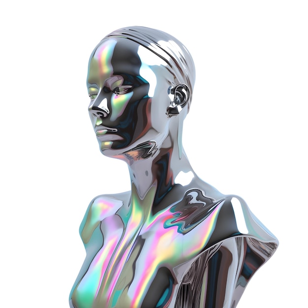 Scultura di busto di donna cyber in cromo in metallo olografico liquido Y2K tecnologia cromatica futuristica trasparente png Generative Ai