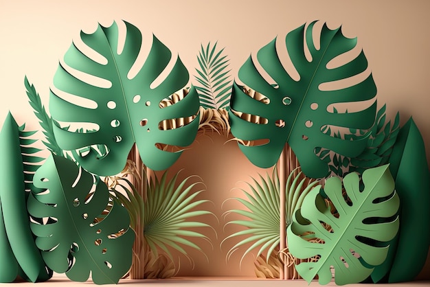 scultura di carta di una palma nei tropici completa di una piattaforma teatrale e sfondo