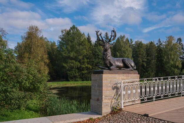 Scultura di cervo sul ponte Oleniy nel Parco Pavlovsky Pavlovsk San Pietroburgo Russia