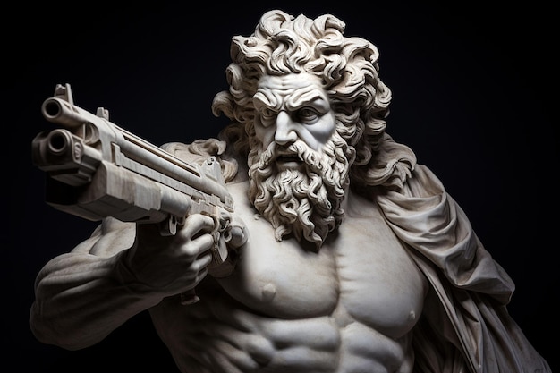 Scultura di dio greco con arma moderna Scultura in pietra di marmo con una pistola Dio della guerra guerra eterna addestramento militare dell'esercito