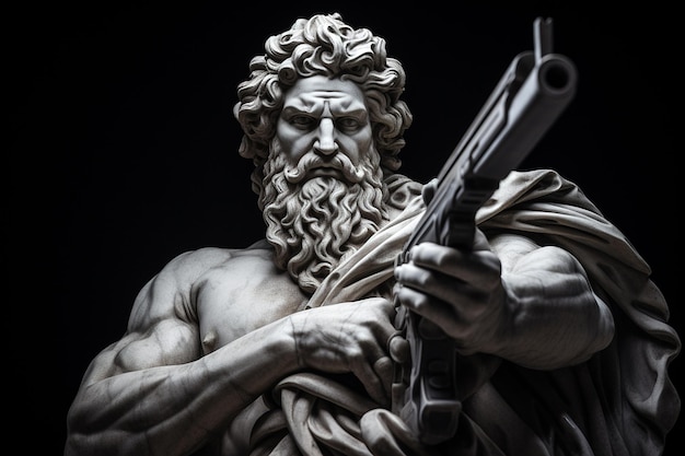 Scultura di dio greco con arma moderna Scultura in pietra di marmo con una pistola Dio della guerra guerra eterna addestramento militare dell'esercito