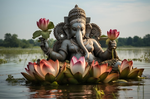 Scultura di Ganesha in mezzo a un lago pieno di loto