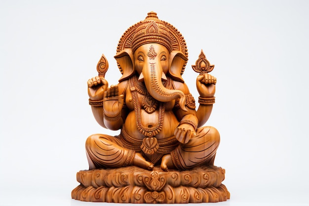 Scultura di Ganesha scolpita in legno su bianco