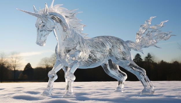 Scultura di ghiaccio bianco unicorno arte moderna