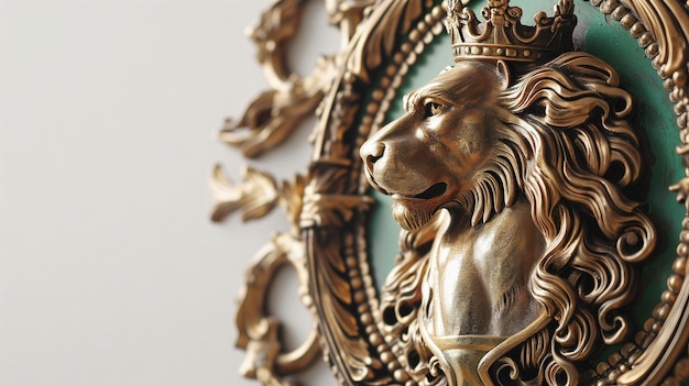 Scultura di leone d'oro con ornamenti barocchi su uno sfondo bianco