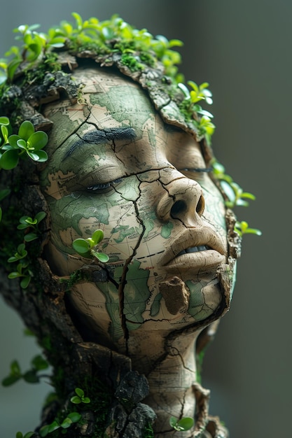 Scultura di madre Terra bella giovane donna fatta di roccia con piante e fiori concetto ambientale