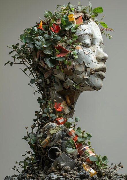 Scultura di madre Terra bella giovane donna fatta di roccia con piante e fiori concetto ambientale