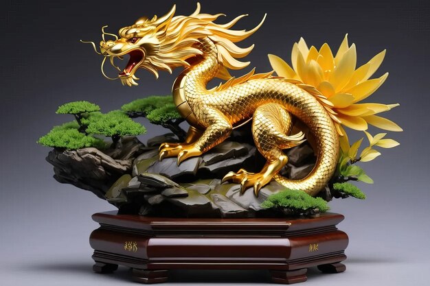 Scultura di un drago d'oro in stile asiatico su una piattaforma di legno