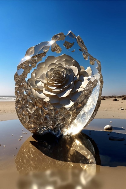 Scultura di vetro che si siede in cima ad una spiaggia sabbiosa ai generativa