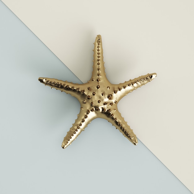 Scultura dorata seastar in colore pastello blu-avorio. Rendering 3d