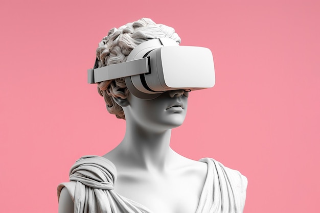Scultura femminile in marmo antico con visore VR Statua che indossa occhiali per realtà virtuale su sfondo pastello Busto con occhiali VR Mondo del Metaverso che esplora il concetto di giochi VR Immagine generata dall'intelligenza artificiale