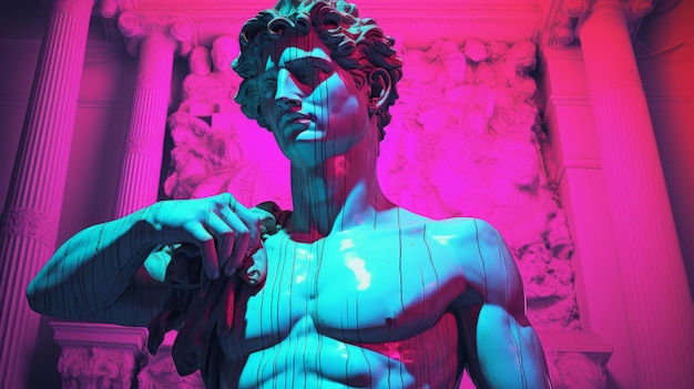 Scultura futuristica cyberpunk o statua di David su sfondo rosa e scuro